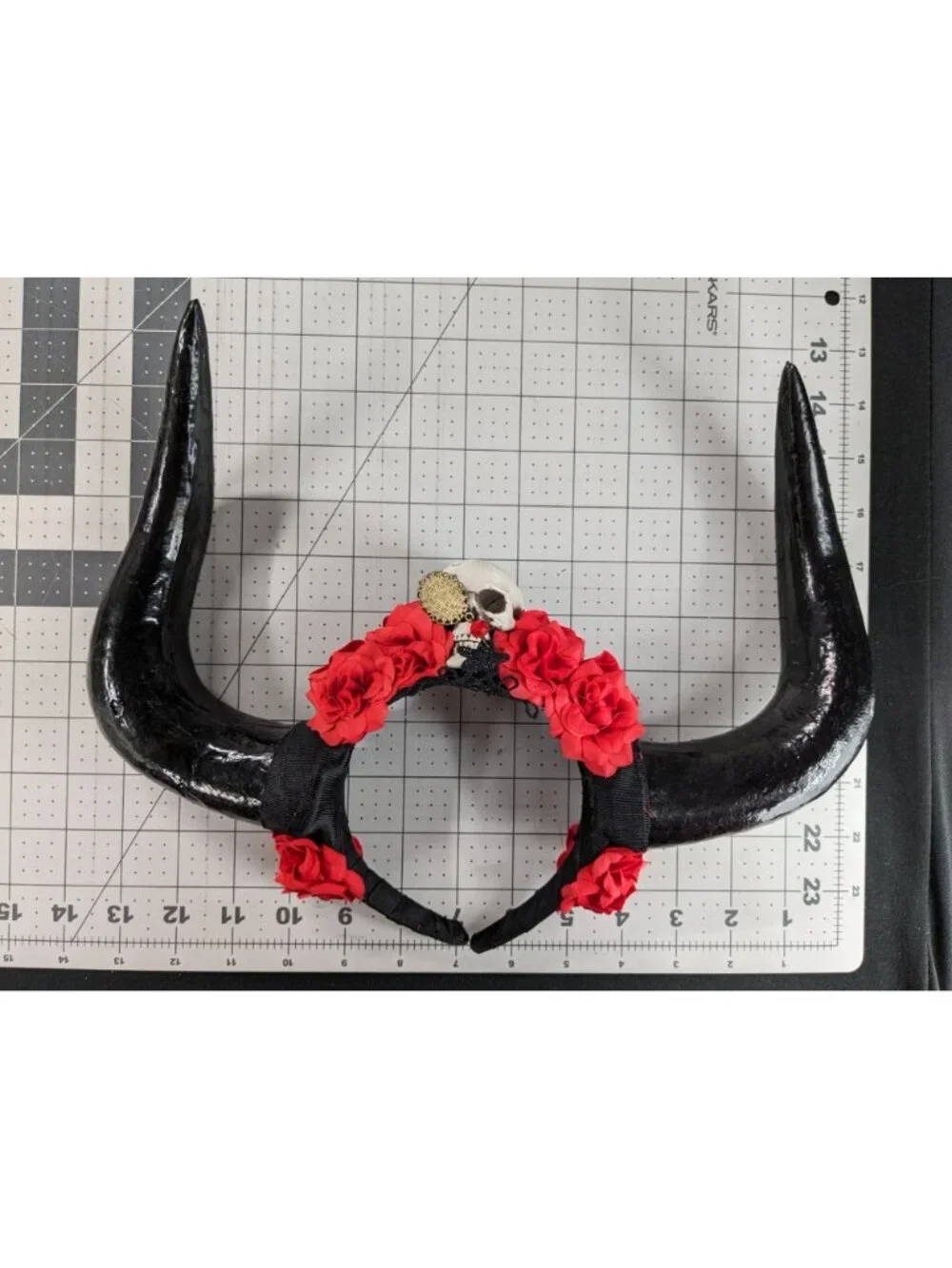 Gothic Horn Headband Skull Red Roses Lace Dangle Gem Halloween Costume One Size